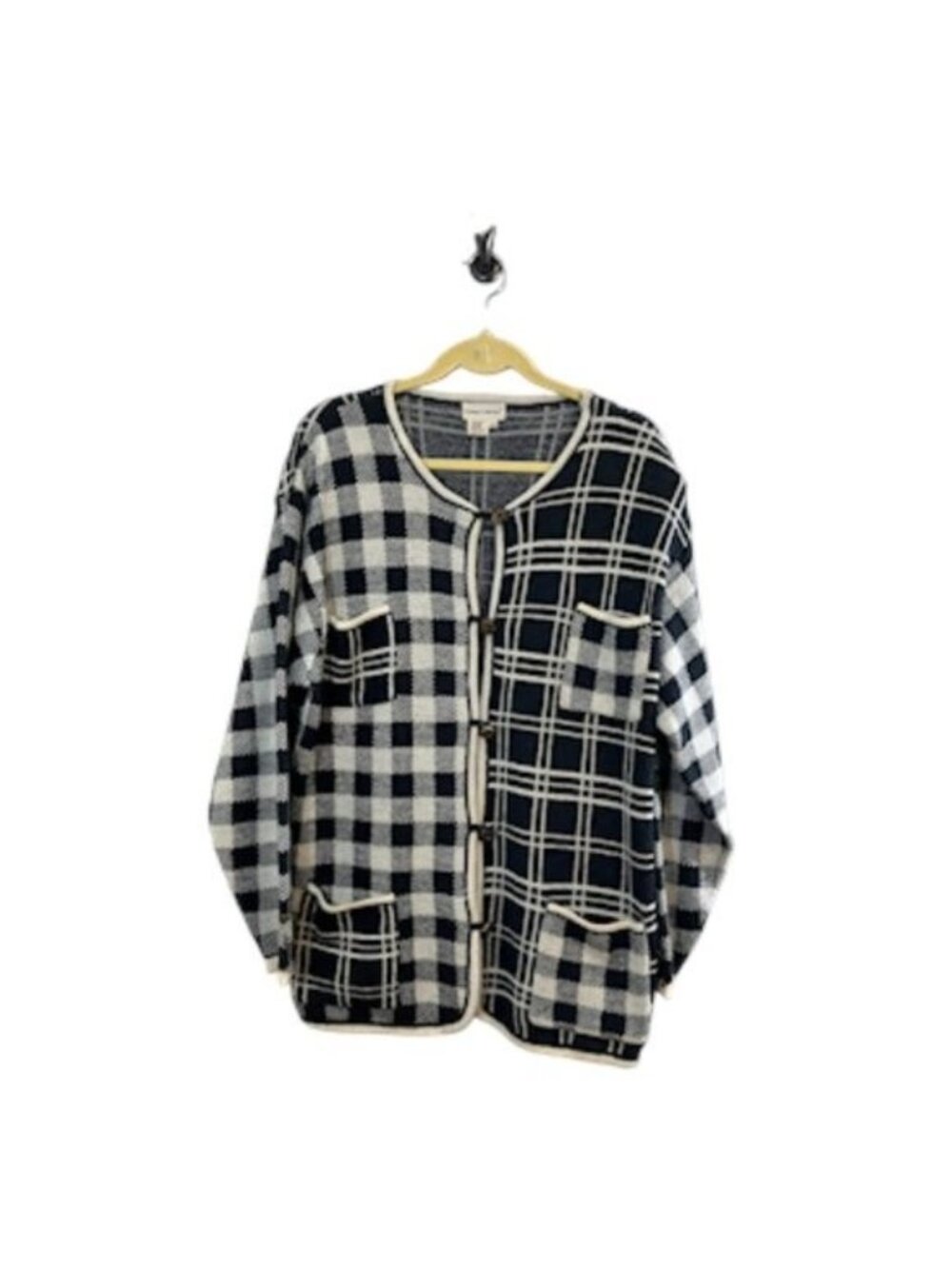 Retro Patchwork Wool Knit Sweater 1X Black Checks Festive Holiday Classic Chic‎